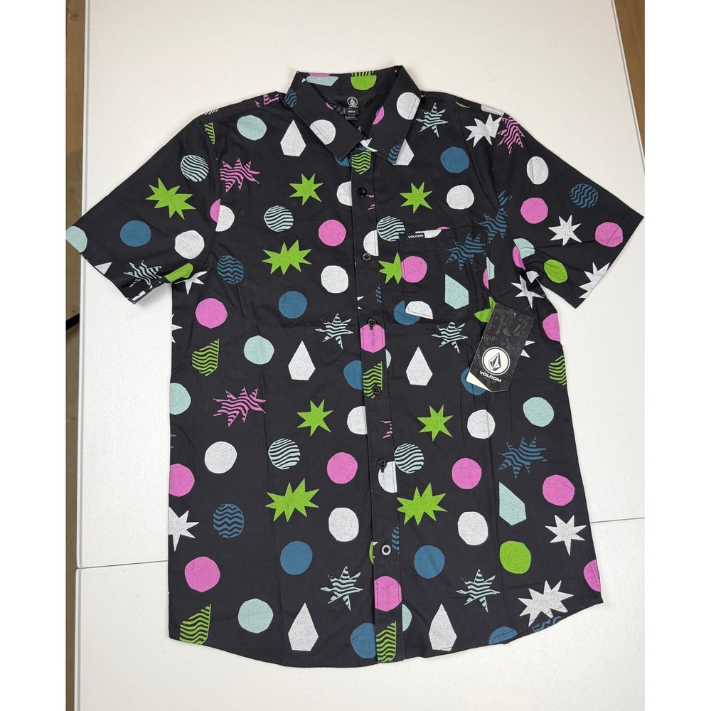 Volcom Polka Stone SS Shirt Mens Small Black Geometric Graphic Button Down New